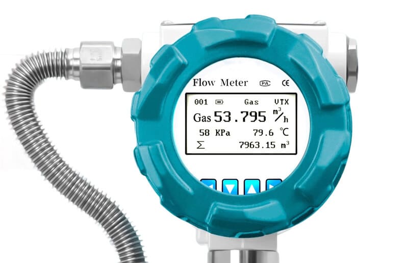 Gas flow meter shows m3/h flow unit